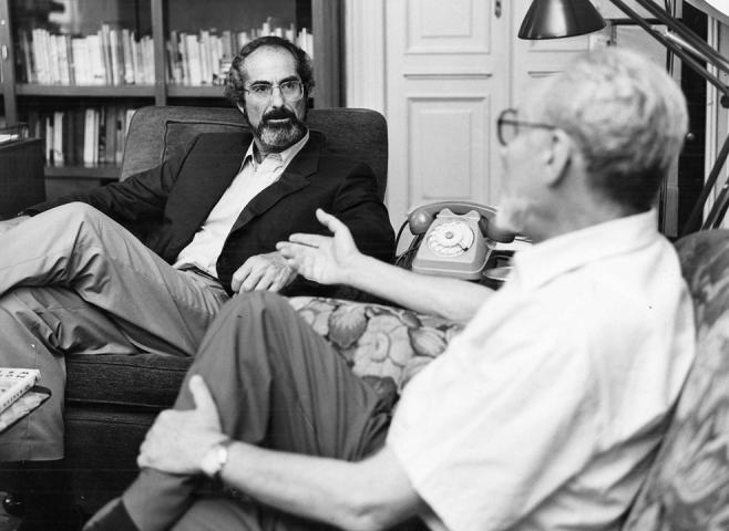 Primo Levi with Philip Roth in his Corso Re Umberto apartment in Turin. September 6 1986. Copyright La Stampa