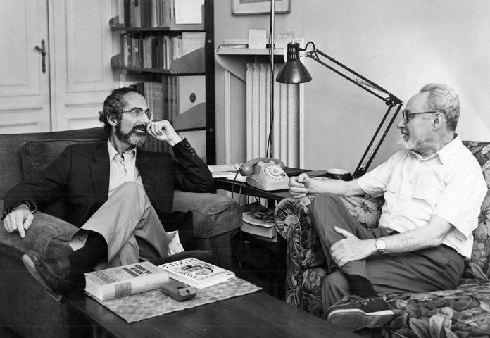 Primo Levi with Philip Roth in his Corso Re Umberto apartment in Turin. September 6 1986. Copyright La Stampa